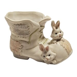 Vintage Bisque Ceramic Bunny Rabbit Patchwork Shoe Planter